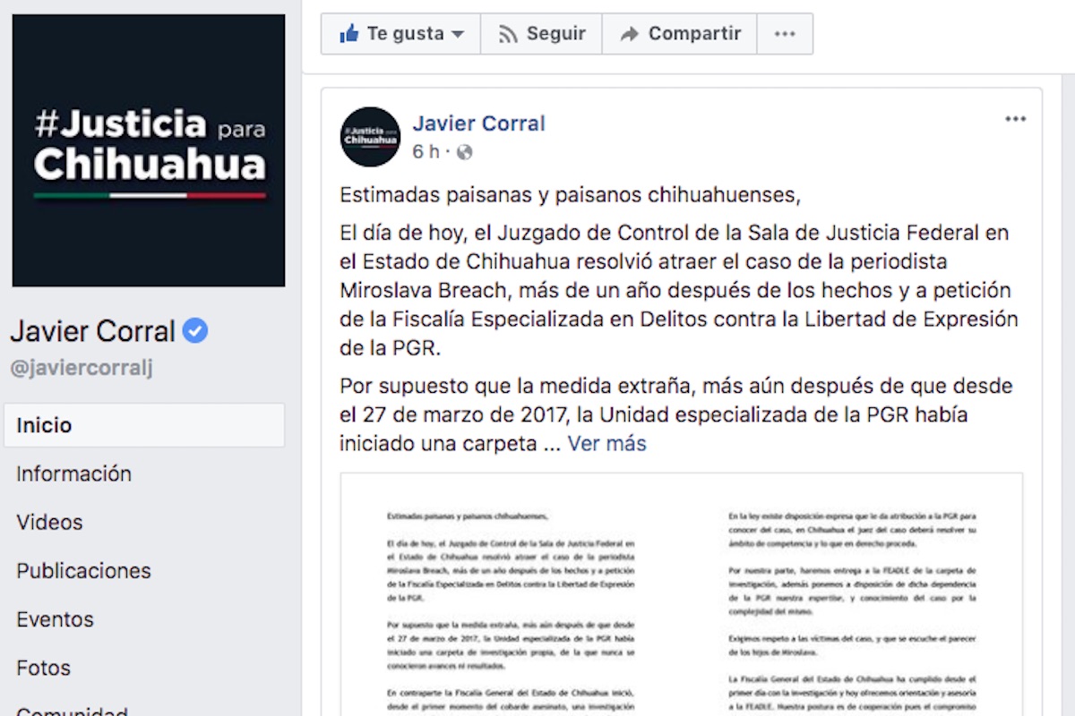Justicia Federal atrae caso Miroslava Breach 1 facebook Javier Corral