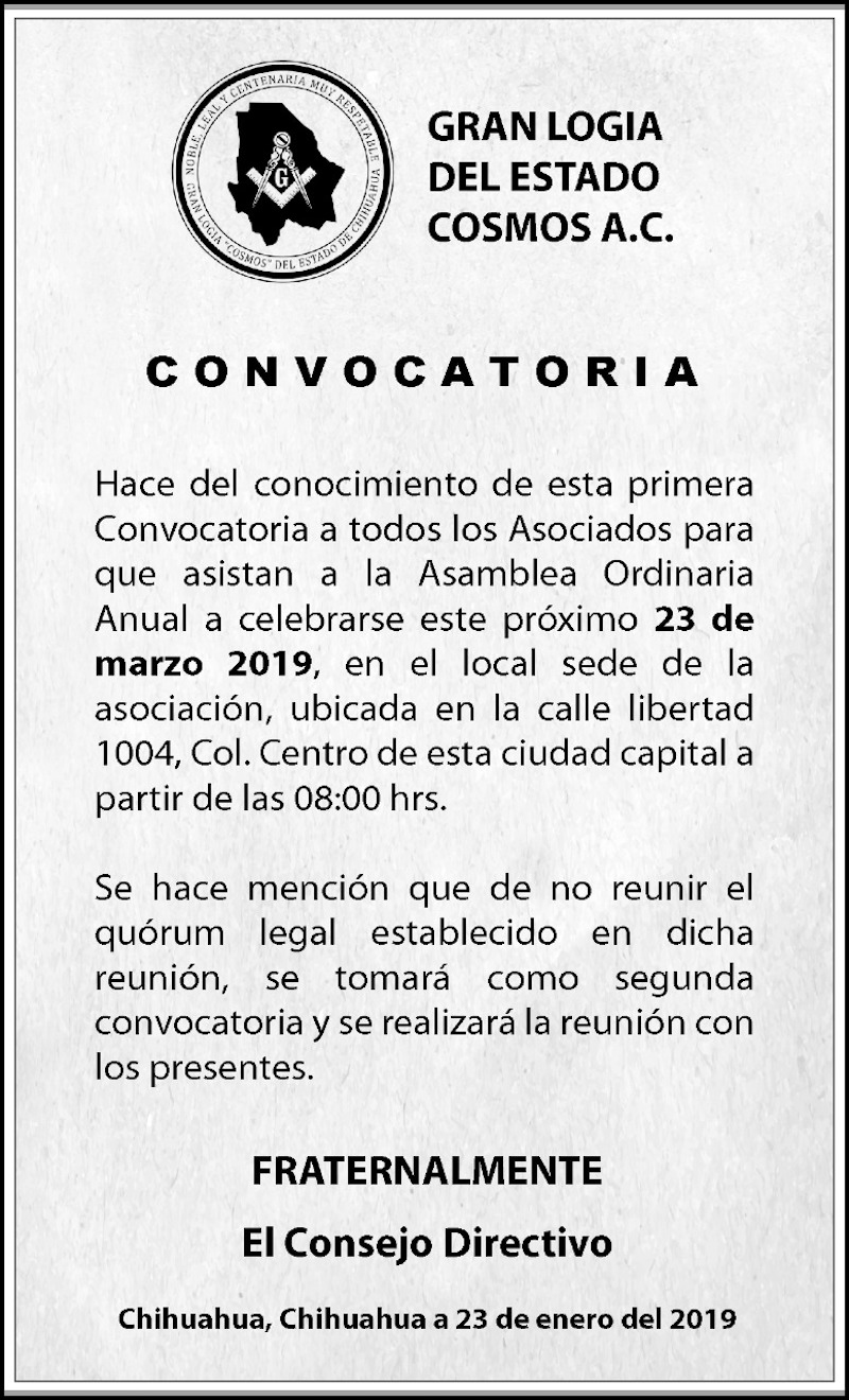 Convocatoria Gran Logia del Estado Cosmos A.C.
