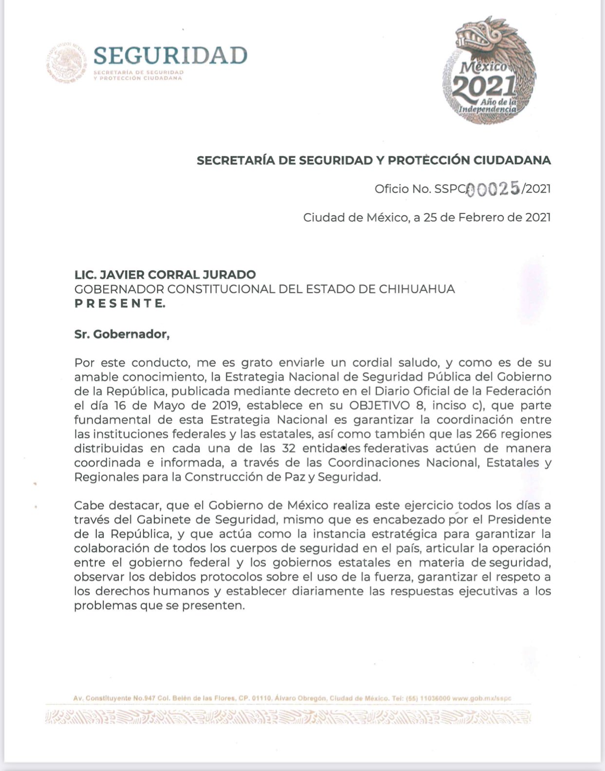 Corral: Es una burla respuesta de Federación a orden de regresar a Mesa de Seguridad 1 Oficio