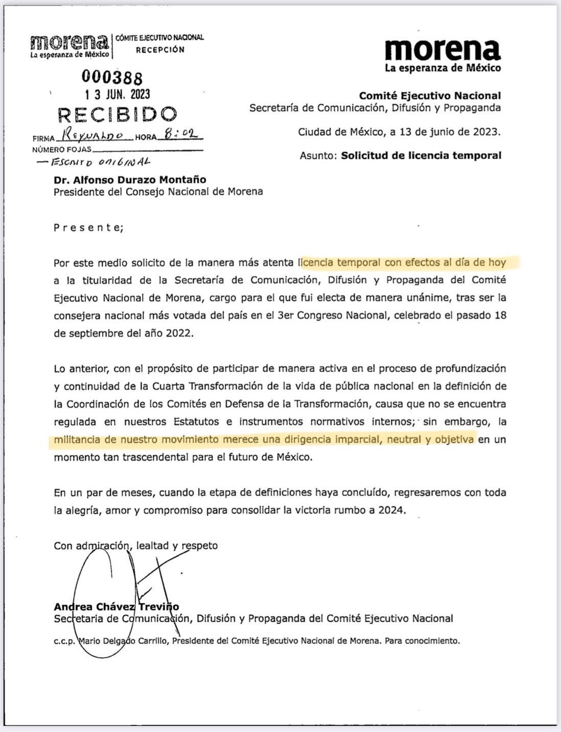 Solicita Andrea Chávez licencia de la Secretaría de Comunicación de Morena 1 img 20230613 wa00074865282302534206373