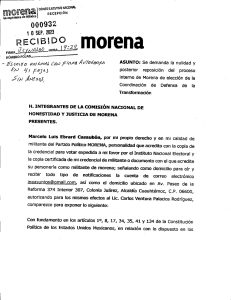 Impugna Marcelo Ebrard resultado de Interna de Morena 1 parte del documento entregado a
