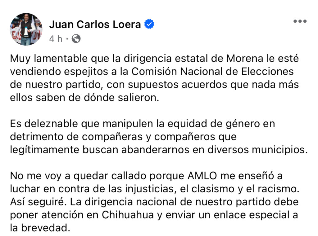 Se va Loera con todo contra la dirigencia estatal de Morena 1 WhatsApp Image 2024 01 31 at 8.15.31 AM