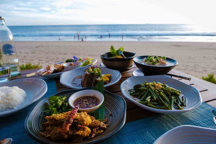 Thai food on a table on the beach in Thailand. table with Thai food