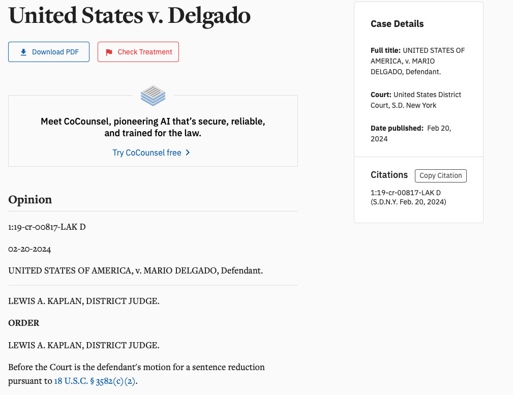 Cita de Juez Lewis A. Kaplan a homonimo de Mario Delgado