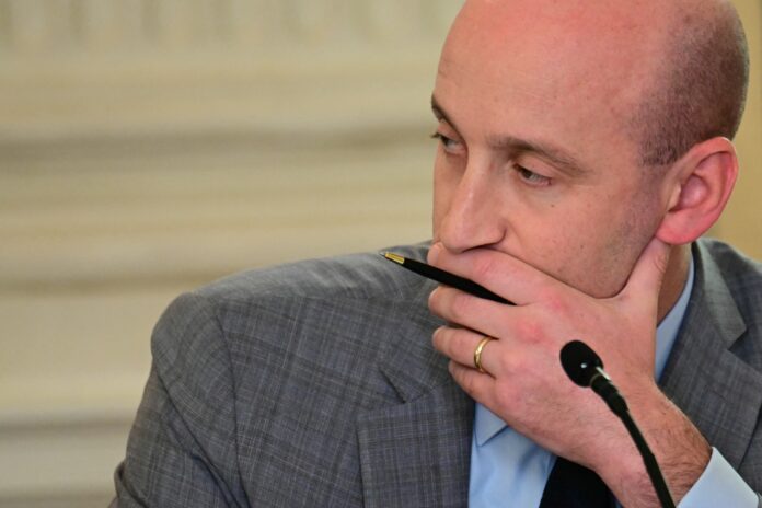 White House deputy chief of staff Stephen Miller looks on during a law enforcement roundtable in the State Dining Room of the White House on October 23, 2025 in Washington, DC. (Photo by Jim WATSON / AFP)