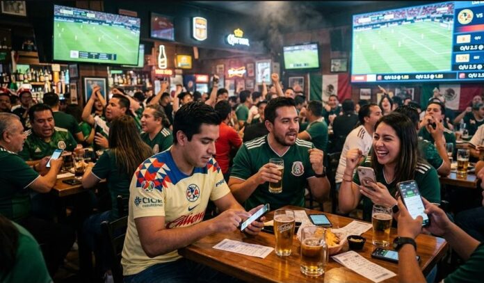Aficionados de México analizando apuestas deportivas mientras miran fútbol
