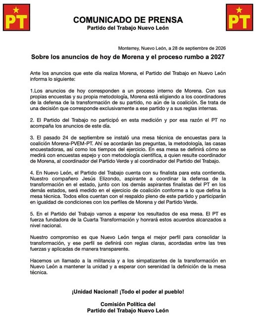 Se desmarca PT de definición de Morena en Nuevo León y exige encuesta de coalición 1 WhatsApp Image 2026 09 28 at 21.37.09